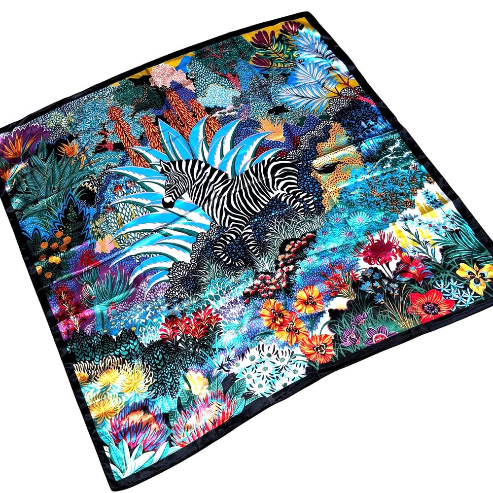 Square zebra scarf silky satin polyester jungle print multicolor black & white - Picture 5 of 10